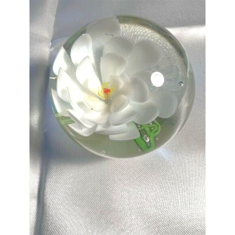 Handmade Art Glass Paperweight Clear with White Flower Design